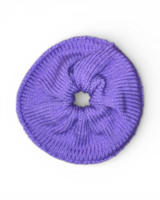 Purple knitted scrunchie on a white background