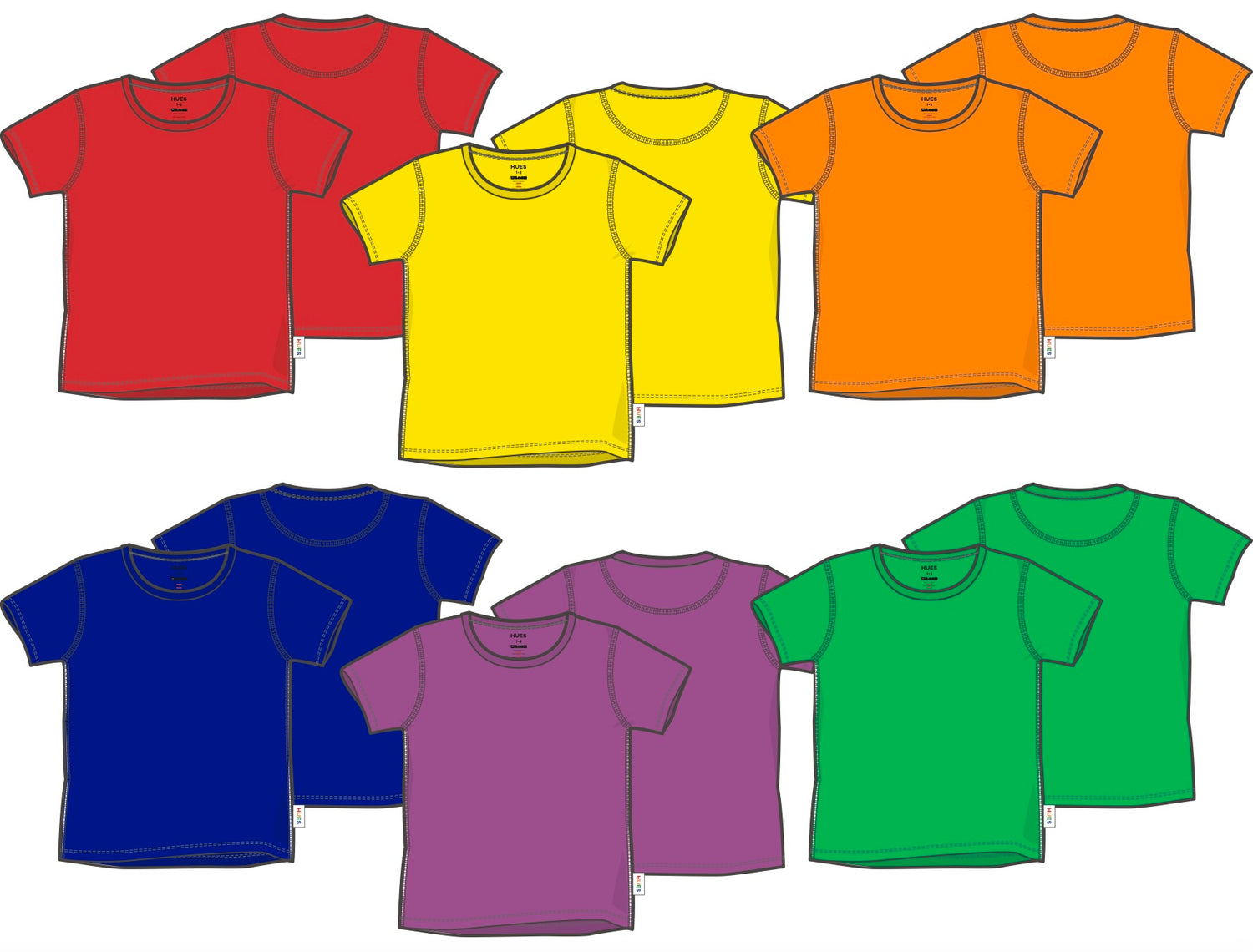 Set of colorful t-shirts in red, yellow, orange, blue, purple, and green on a white background.