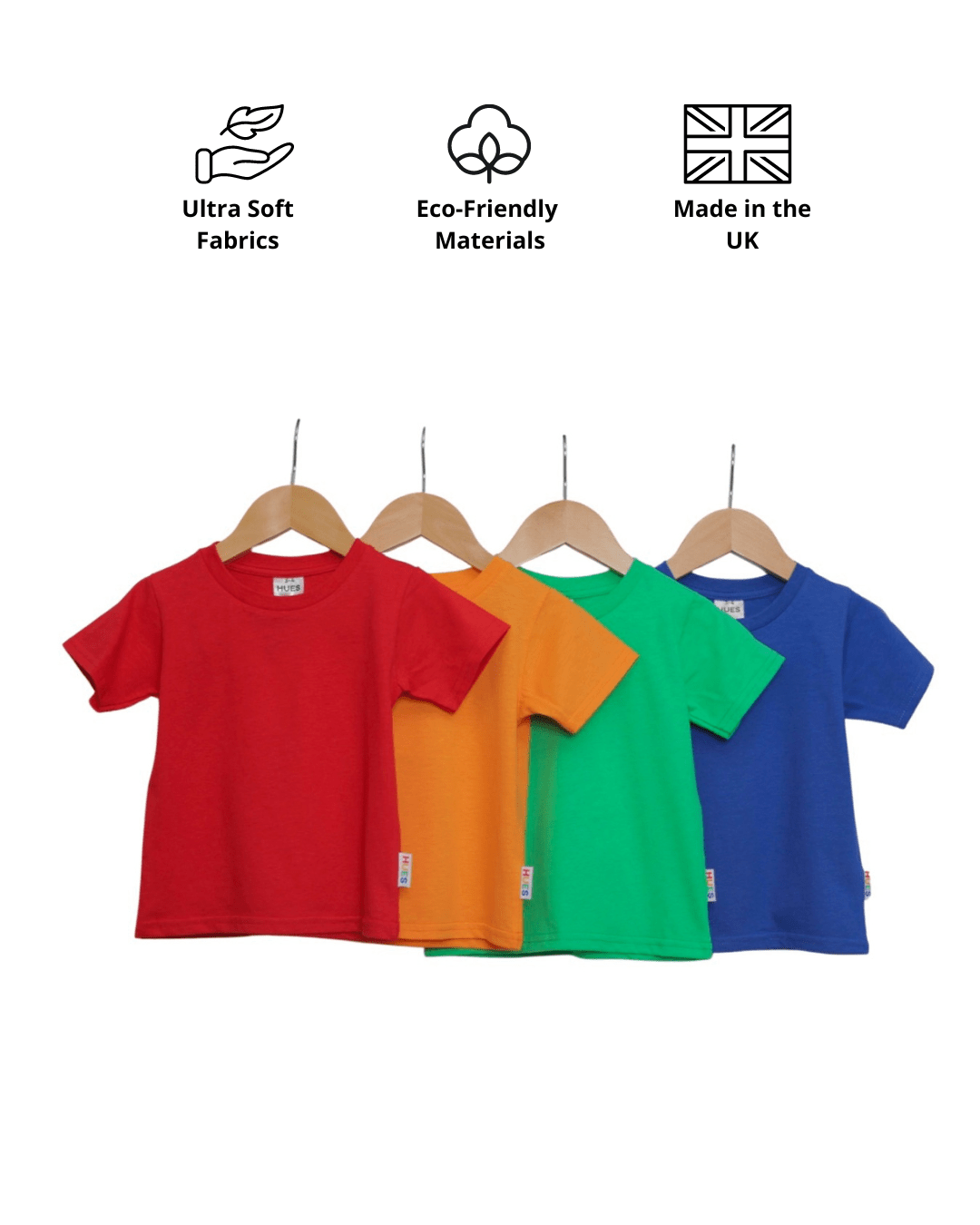 Red orange green and blue organic cotton kids T-shirt - sustainable kidswear UK