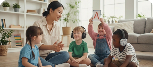 A nanny sitting on the floor with disabled children in a living room.