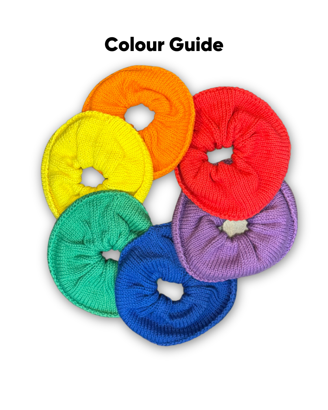 Colour options for made-to-order beanie: red, orange, yellow, green, blue and purple (shown as scrunchies)