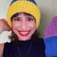 Elizabeth wearing a handmade reversible cotton beanie, adult size, made to order