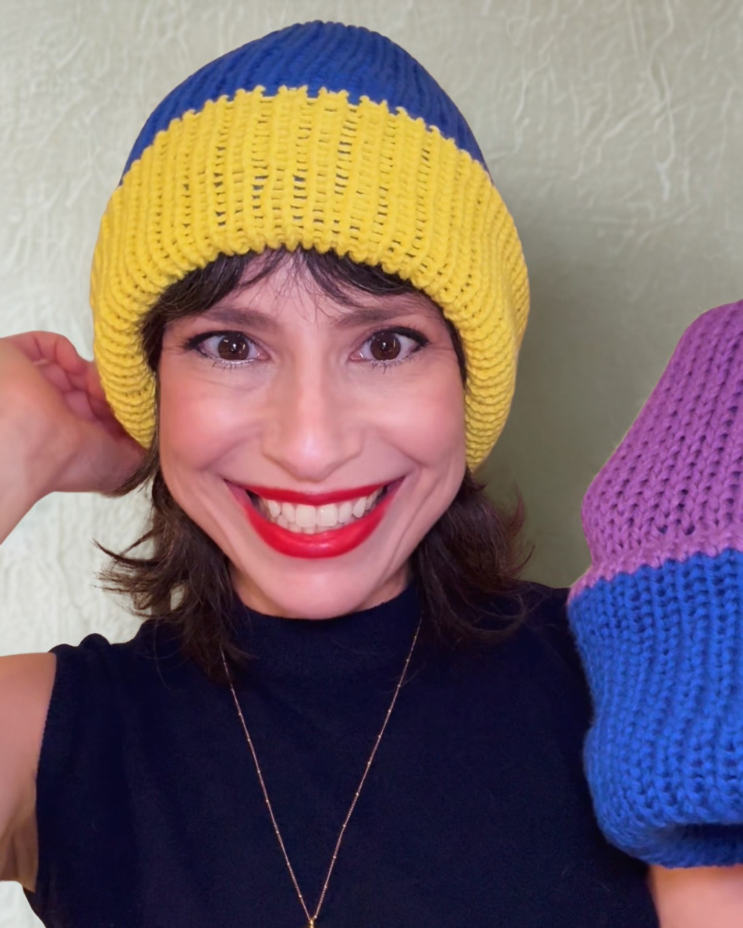 Elizabeth wearing a handmade reversible cotton beanie, adult size, made to order