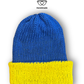 Handmade reversible cotton beanie in yellow and blue, made to order in the UK