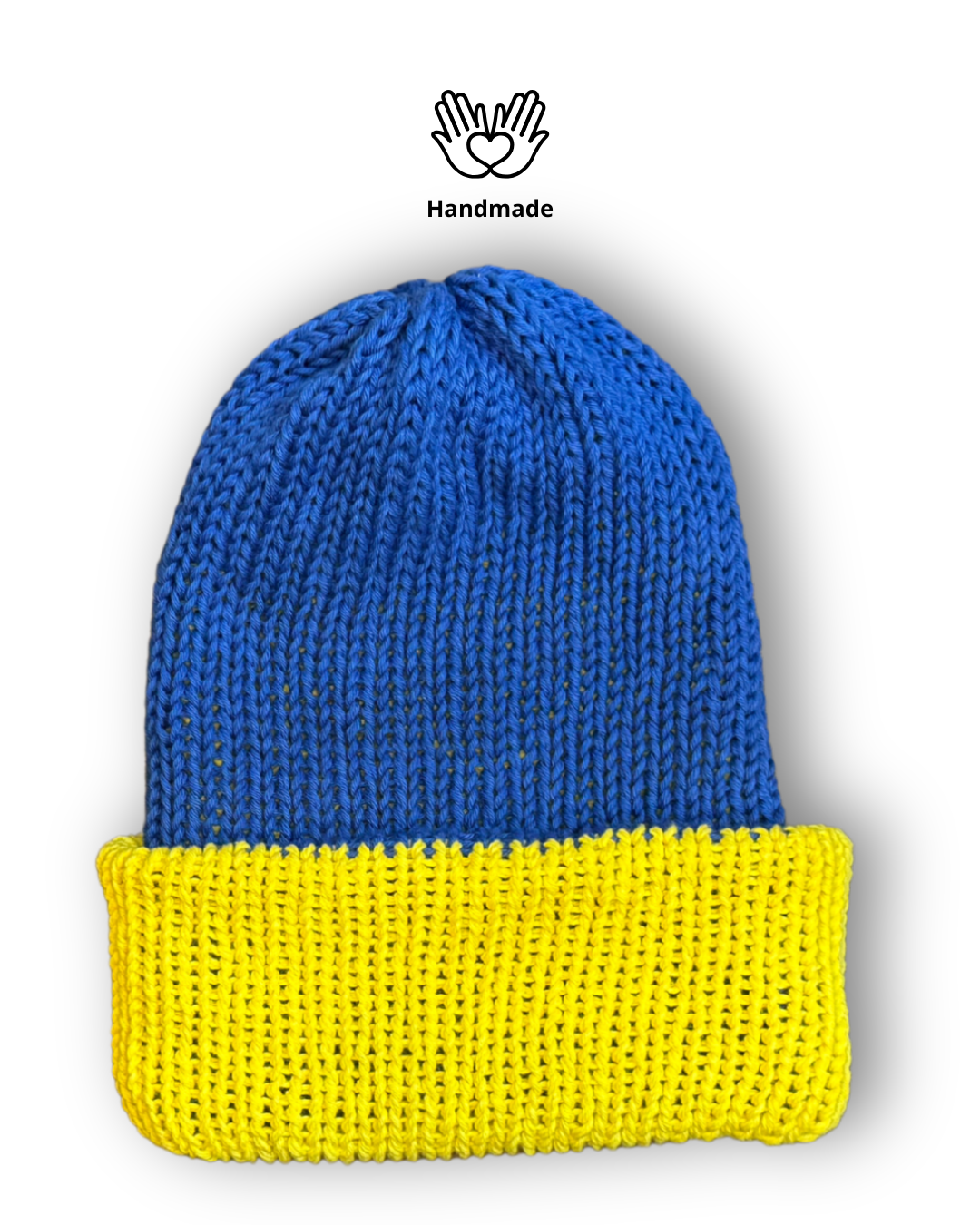 Handmade reversible cotton beanie in yellow and blue, made to order in the UK