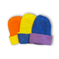 Three colorful knit hats in orange, yellow, and blue on a white background