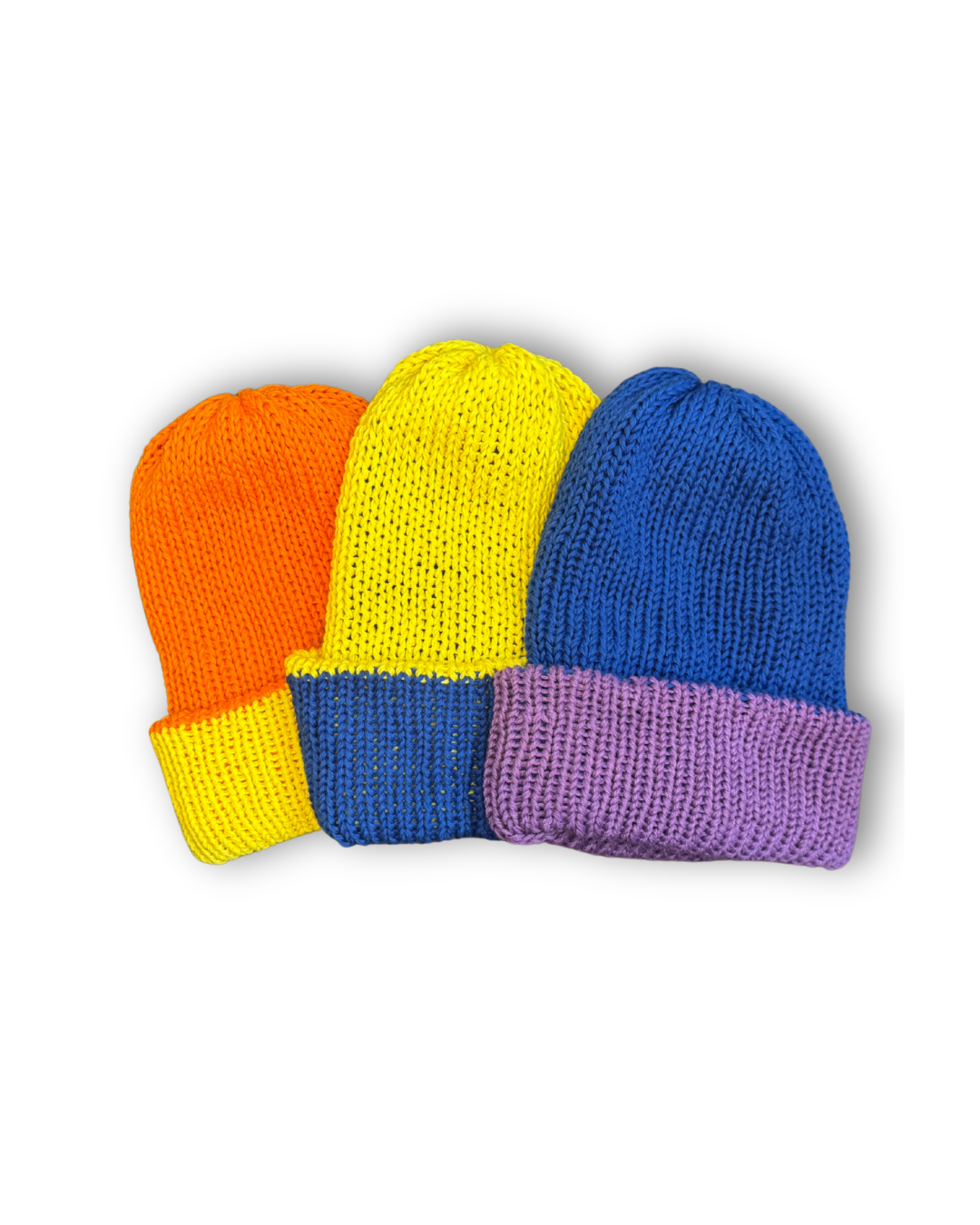 Three colorful knit hats in orange, yellow, and blue on a white background