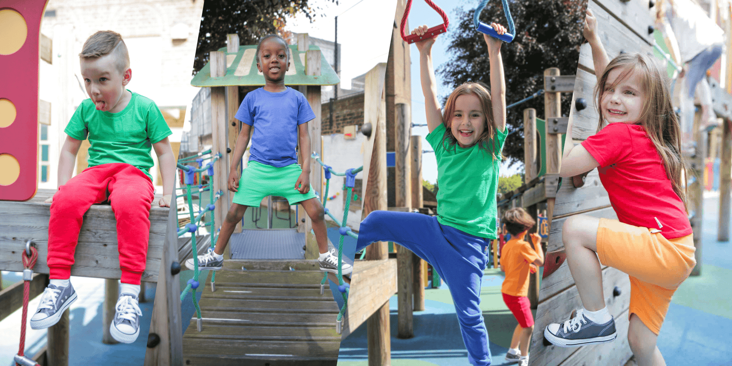 Four children playing on a playground wearing Hues clothing.