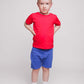 A boy wearing a red t-shirt and blue shorts - Hues Clothing